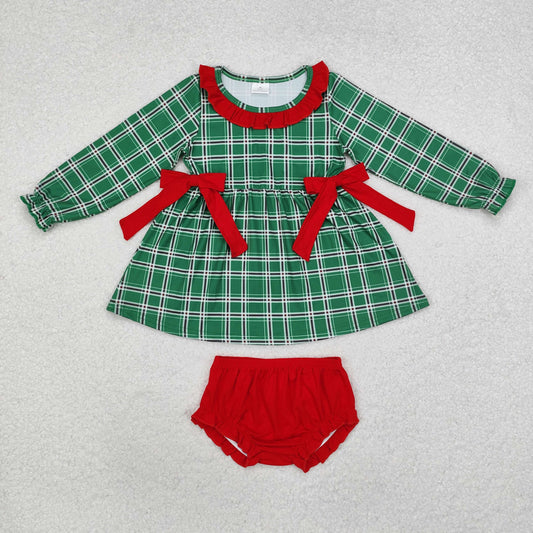 GBO0406 Christmas green checkered long sleeve red girls bummies set