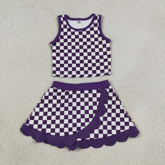 GSD4251 Yoga Purple Checkered Sleeveless Skorts Girls Set