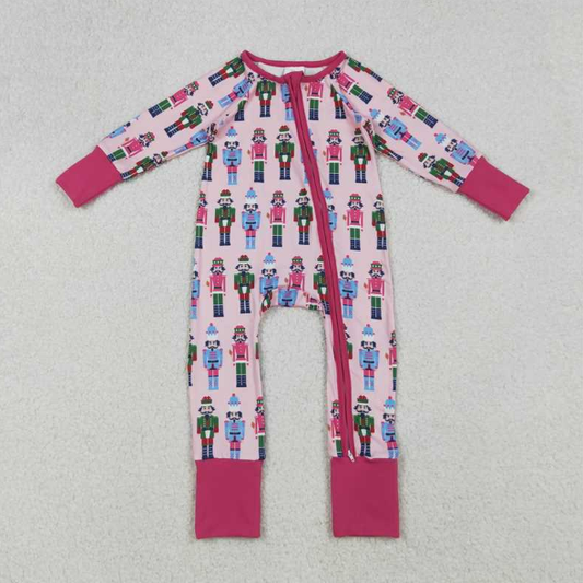 LR2598 Christmas soldier pink zipper long sleeve girls romper
