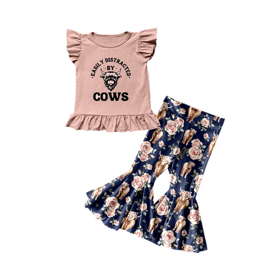 Custom Moq 3 Western Cows Flutter Sleeve Highland Cow Flowers Blue Pants Girls Set