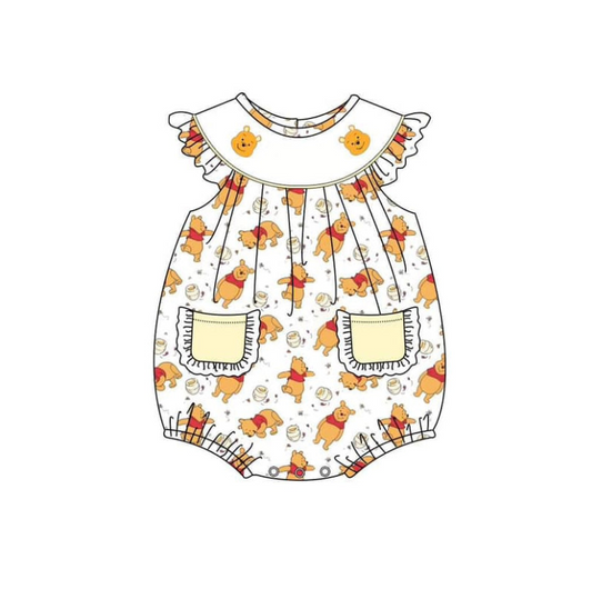 custom S cartoon bear pocket flutter sleeve girls romper