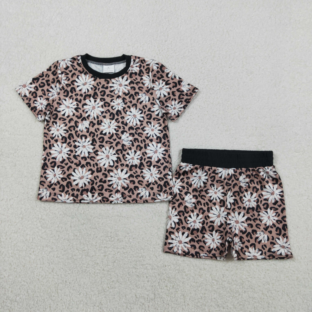 GSSO3079 Dasiy Flowers Leopard Short Sleeve Shorts Girls Set