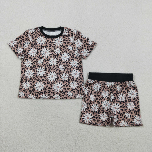 GSSO3079 Dasiy Flowers Leopard Short Sleeve Shorts Girls Set