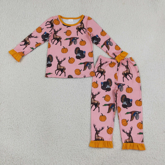 GLP3655 Hunting Mallard Deer Turkey Pink Long Sleeve Pants Girls Pajamas