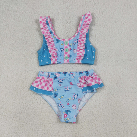 S0777 Flowers Blue Girls Swimsuits