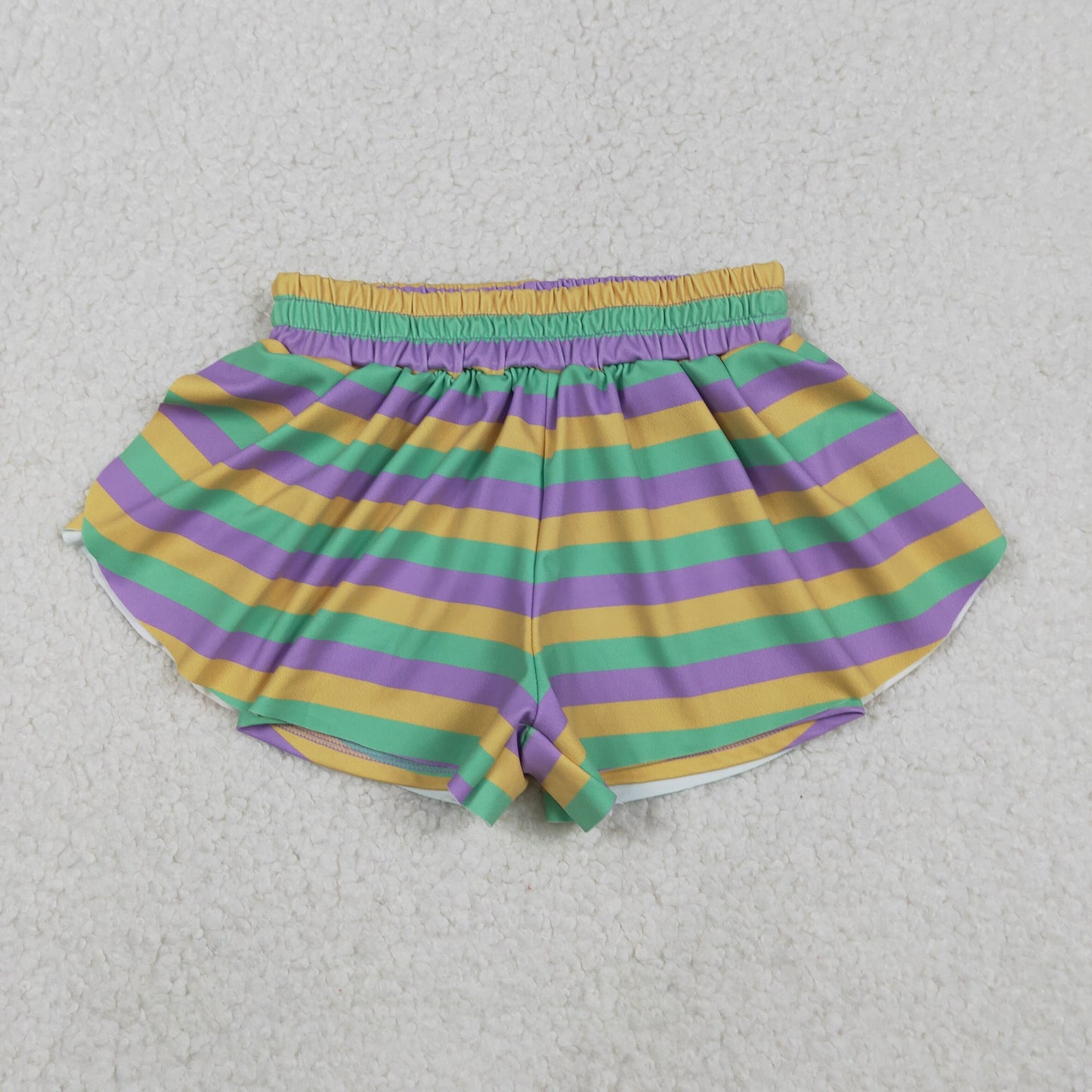 SS0685 yoga Mardi Gras purple yellow green striped girls shorts