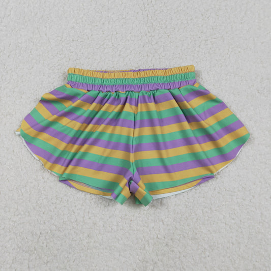 SS0685 yoga Mardi Gras purple yellow green striped girls shorts
