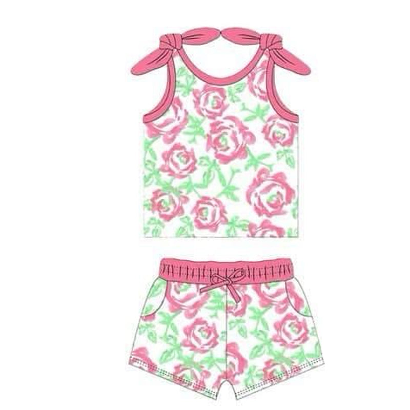 preorder hot pink rose flowers Summer sleeveless shorts girls set
