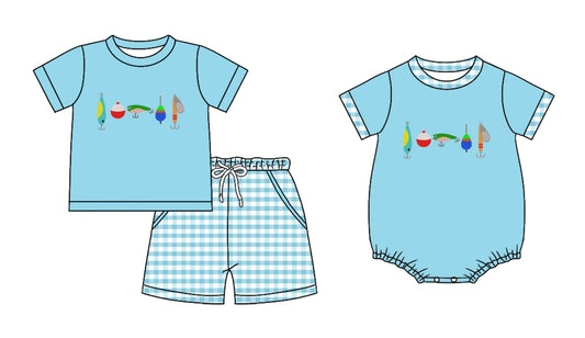 custom moq 5 Fishing Blue Set/Romper Sibling Clothes