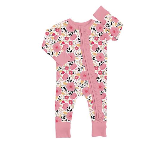 custom S 10.3 Pink flowers long sleeve girls romper
