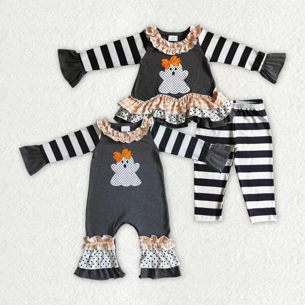 embroidery Halloween spooky black ruffles romper/pajamas RTS Sibling Clothes
