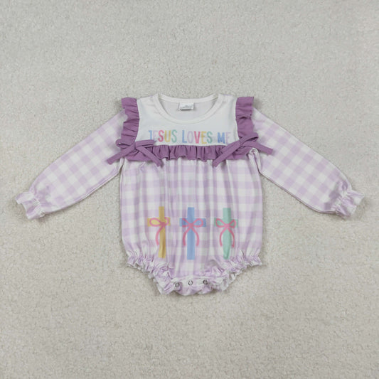LR2740 Easter Jesus love me cross bows purple checkered long sleeve girls romper