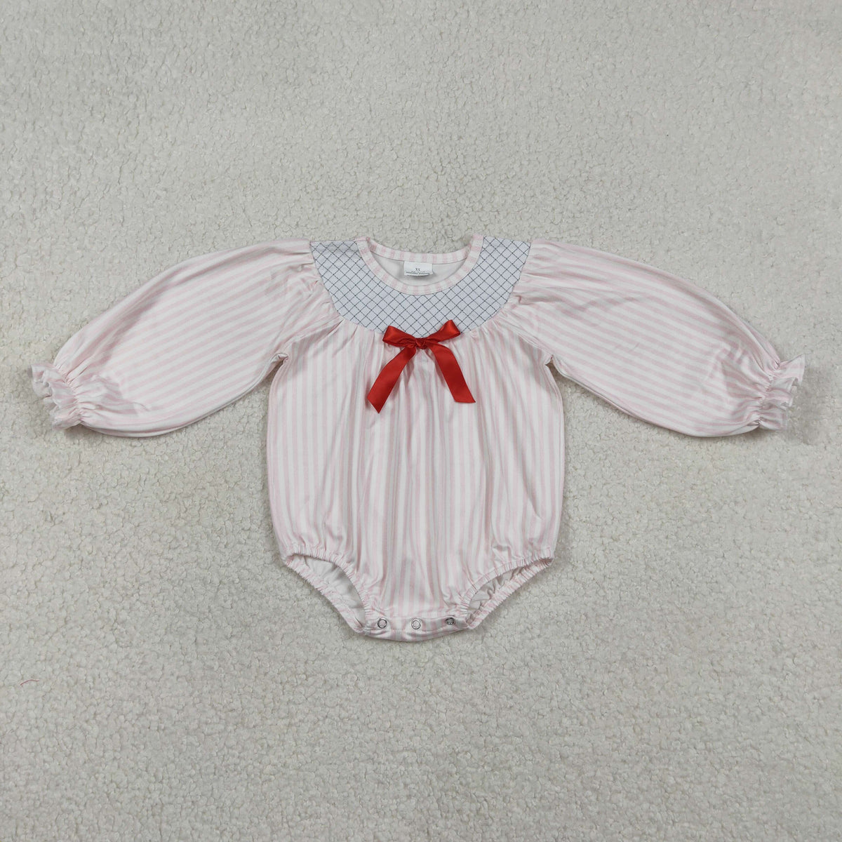 Embroidery LR2773 pink striped red bow long sleeve girls romper