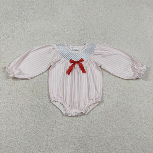 Embroidery LR2773 pink striped red bow long sleeve girls romper