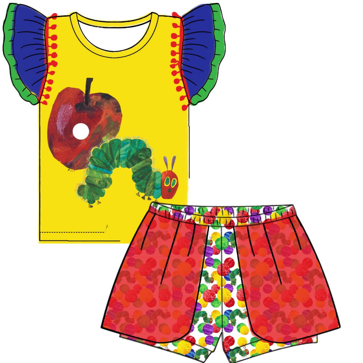 custom style cartoon caterpillar flutter sleeve colorful dog shorts girls set tat 6-8 weeks