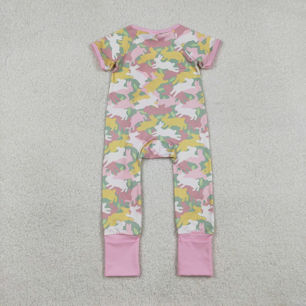 SR3715 Easter Bunny Rabbit Camo Pink Zipper Short Sleeve Girls Romper