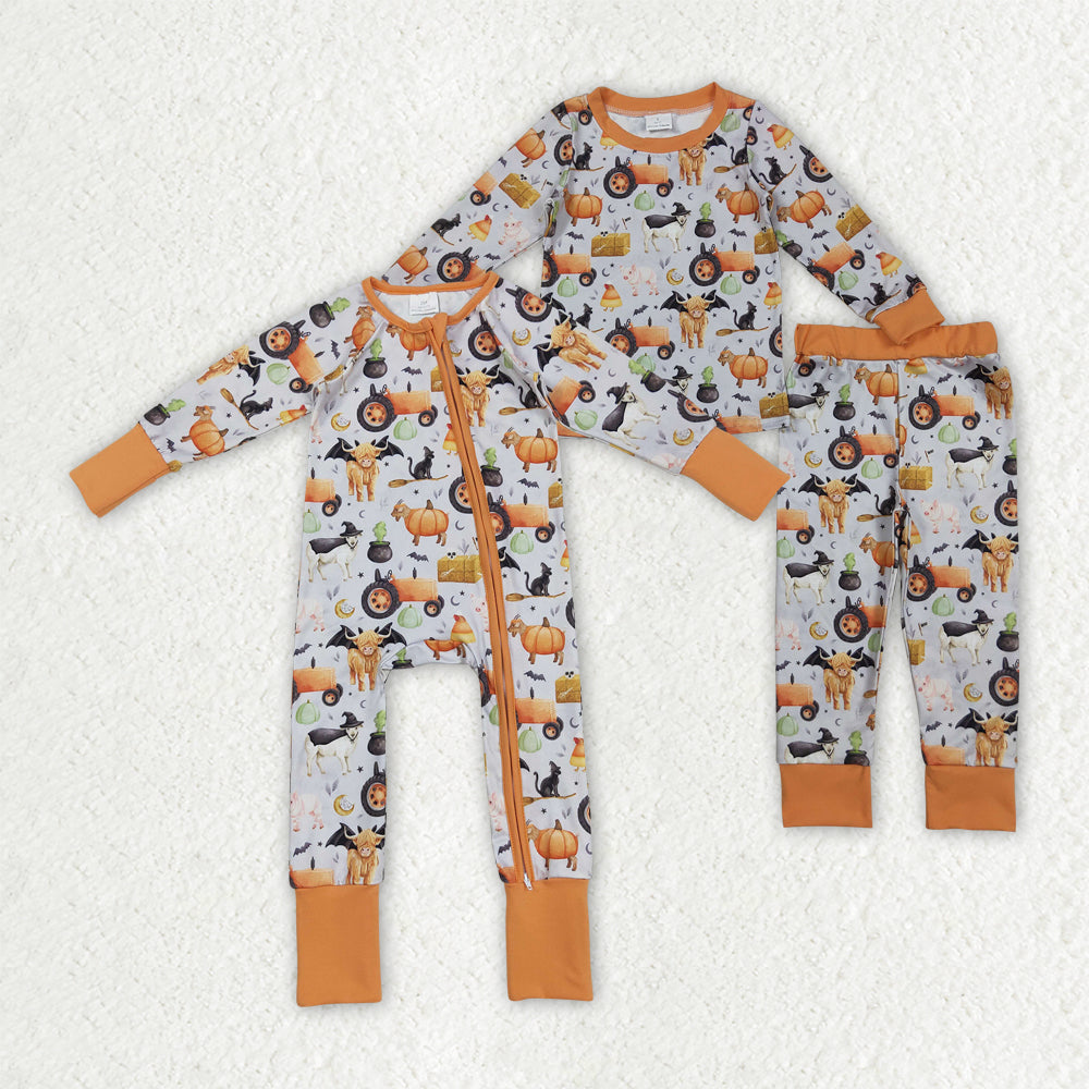 Halloween farm tractor highland cow romper/pajamas RTS Sibling Clothes