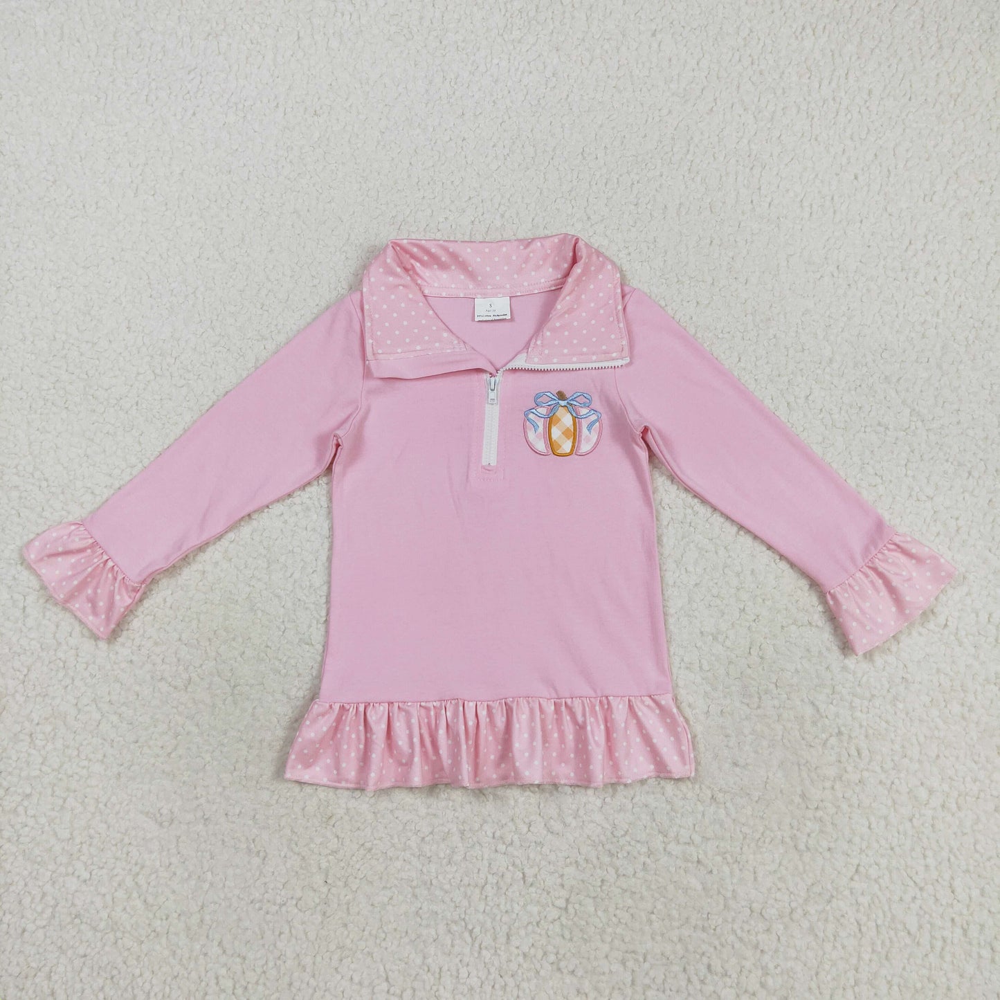 GT1112 embroidery pumpkin pink long sleeve zipper girls top