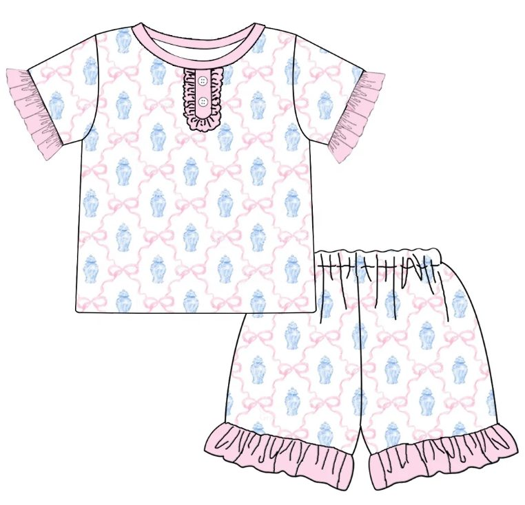 preorder GSSO0760 Bowknot pink short sleeve shorts girls pajamas