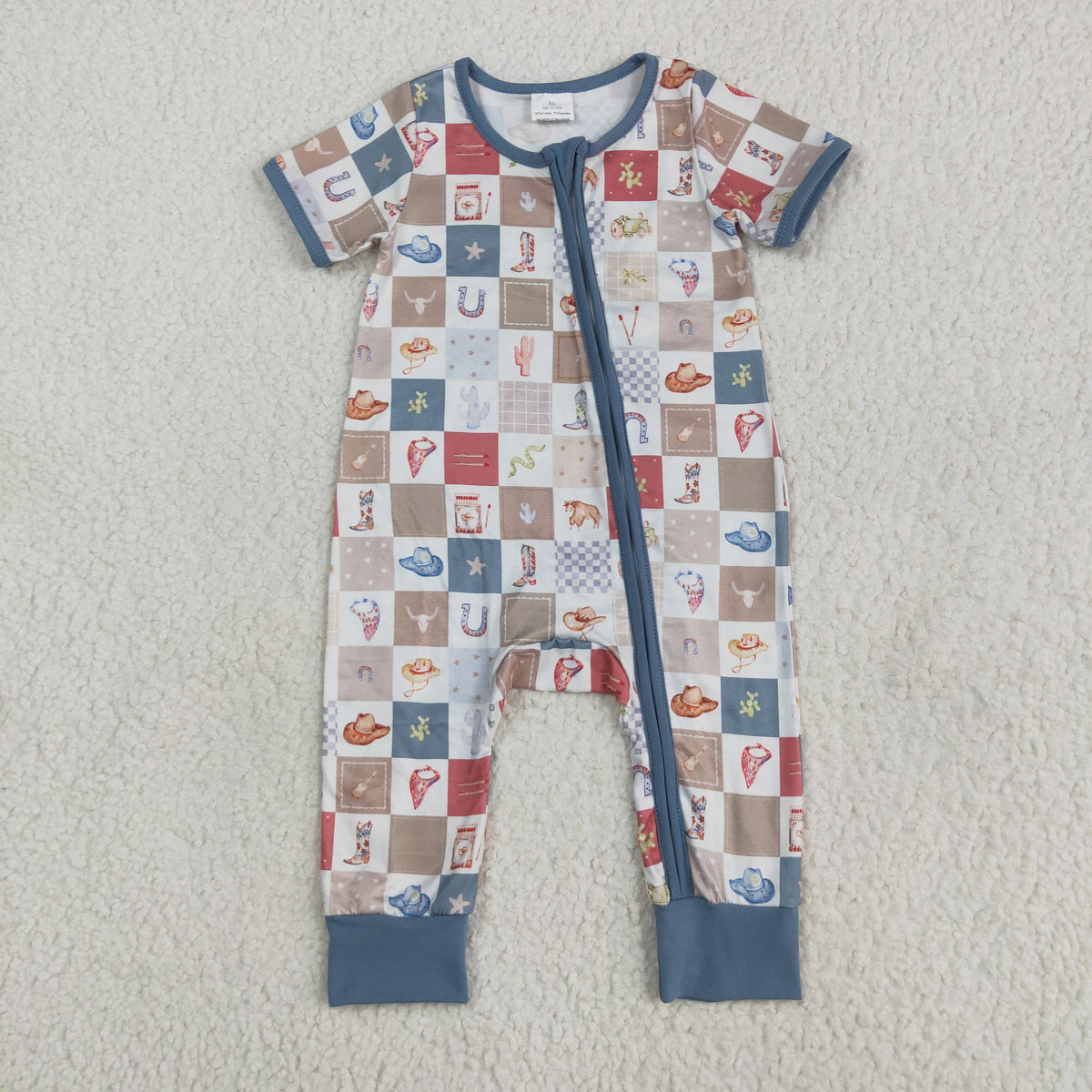 SR3098 Western hat cactus boot hat checkered blue short sleeve zipper boys romper