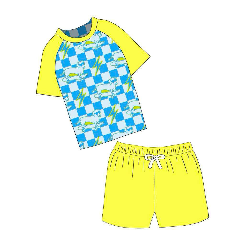 custom Summer dog blue checkered short sleeve yellow shorts boys swimsuits