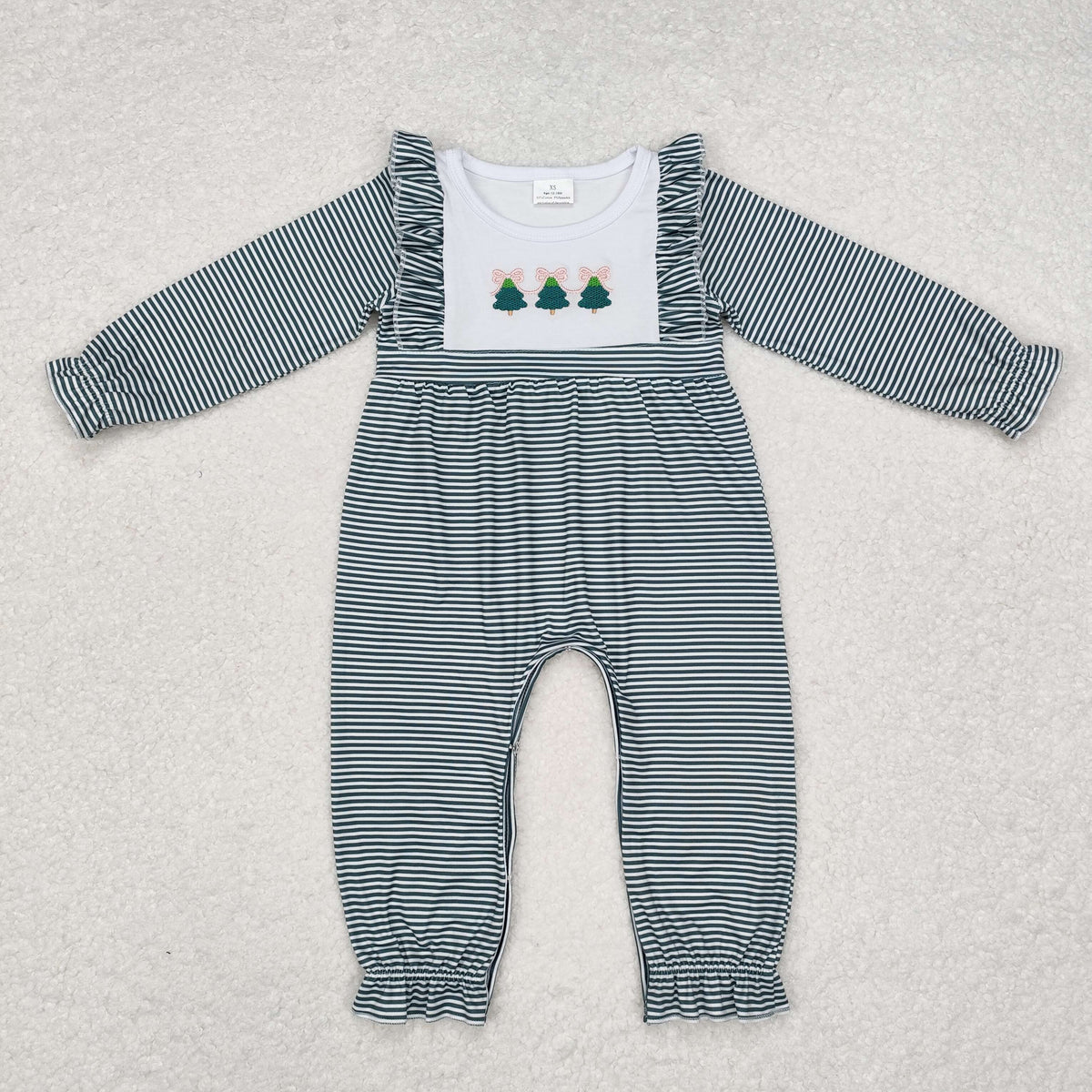 embroidery LR1587 Christmas tree green striped long sleeve girls romper