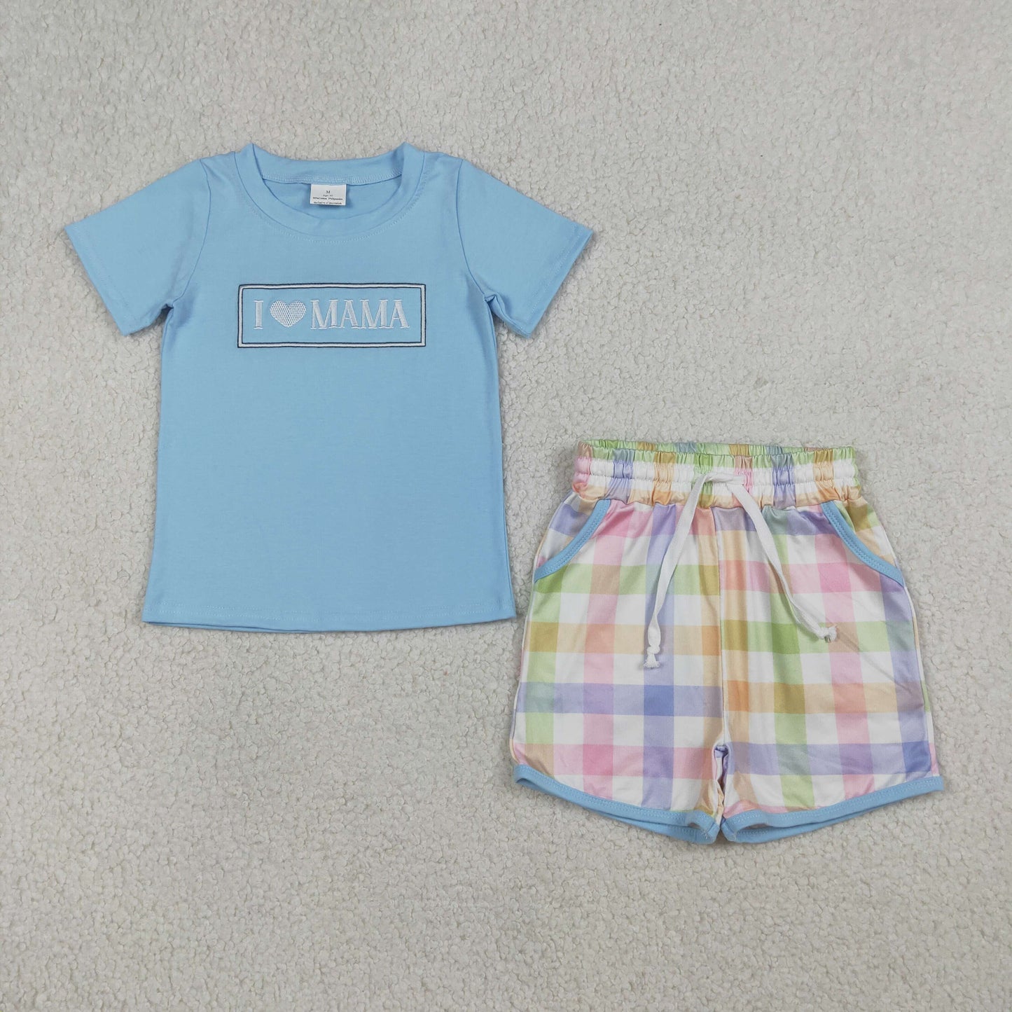 Embroidery BSSO1605 I love MAMA blue short sleeve colorful checkered shorts boys set