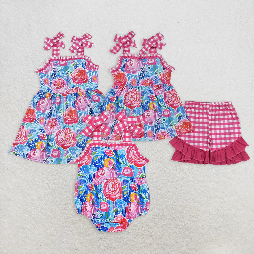 hot pink flowers Summer Sibling Clothes RTS