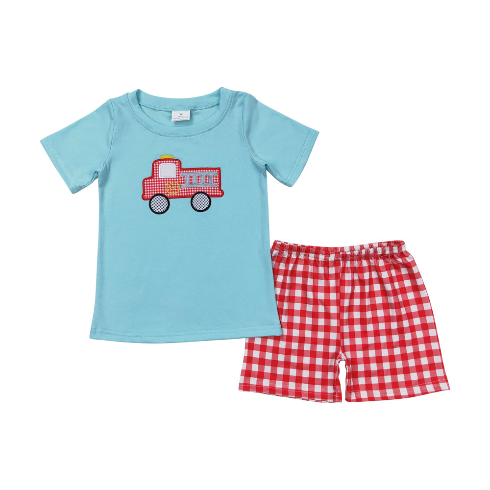 BSSO0549 embroidery Red Checkered Fire Truck Green Short Sleeve Red Checkered Shorts Boys Set