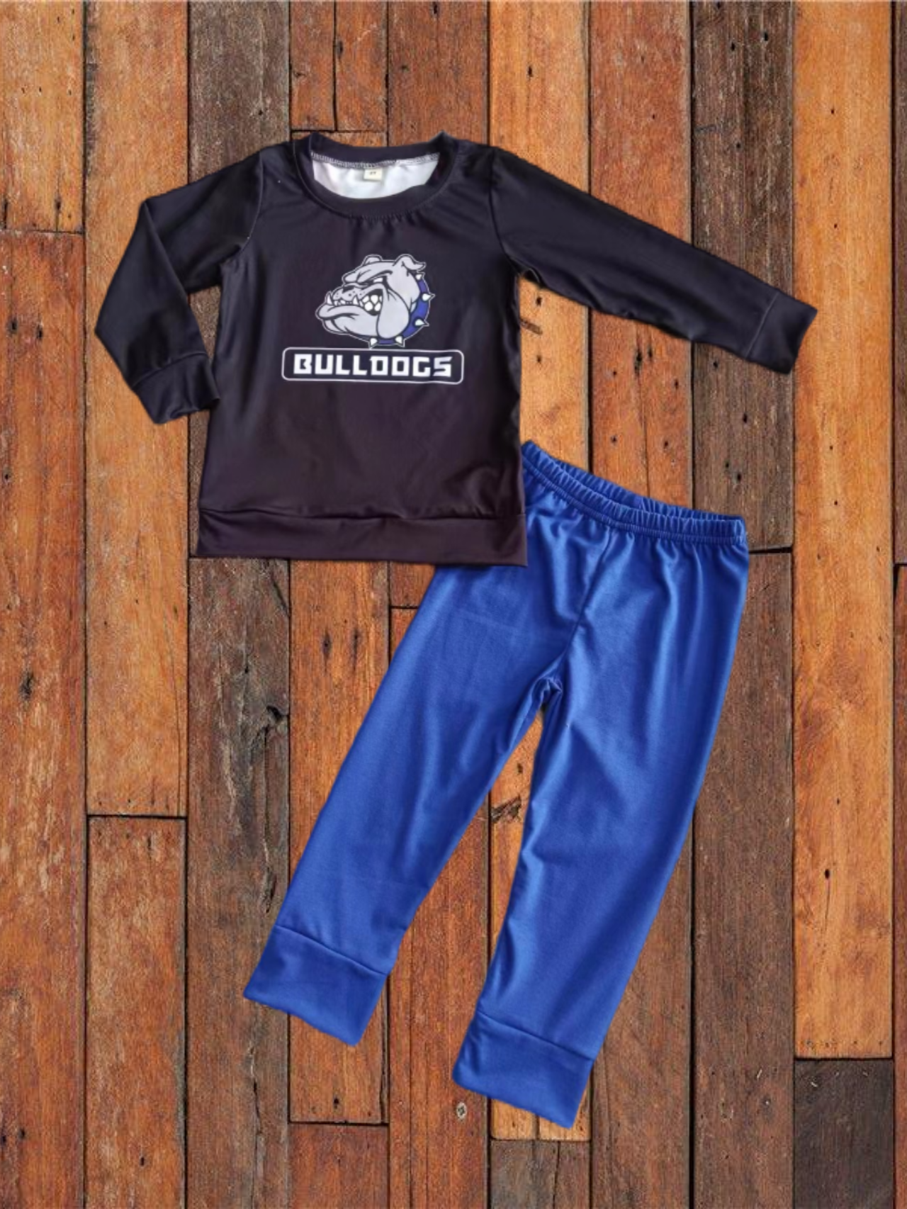 custom moq 3 Football BullDogs Black Long Sleeve Blue Pants Boys Set