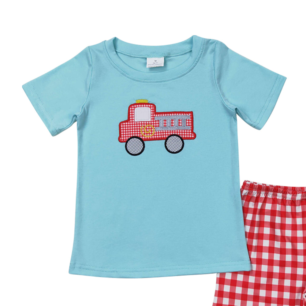 BSSO0549 embroidery Red Checkered Fire Truck Green Short Sleeve Red Checkered Shorts Boys Set
