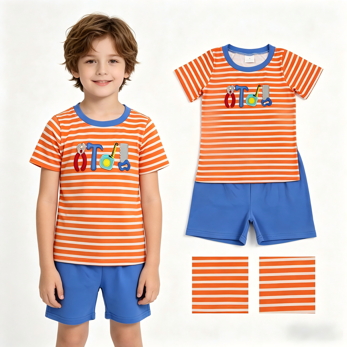 Embroidery BSSO1851 Cartoon Tools Orange Striped Short Sleeve Blue Shorts Boys Set