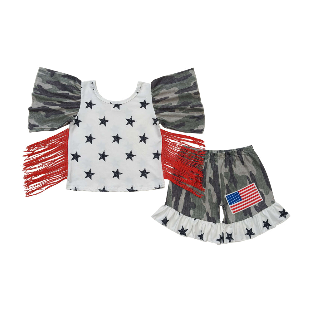 GSSO0918 July 4th camo star ruffles sleeve camo flag shorts girls set