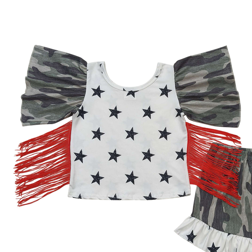 GSSO0918 July 4th camo star ruffles sleeve camo flag shorts girls set