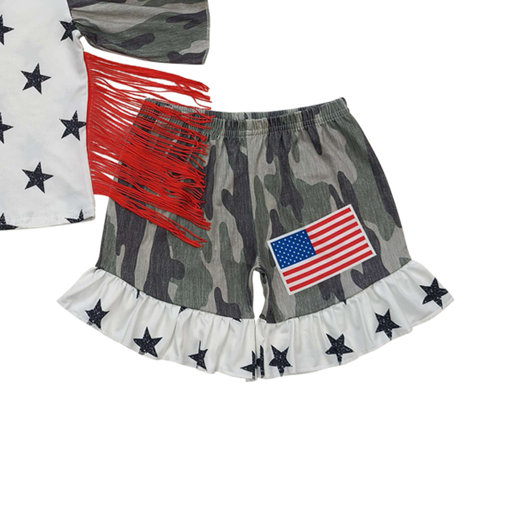 GSSO0918 July 4th camo star ruffles sleeve camo flag shorts girls set