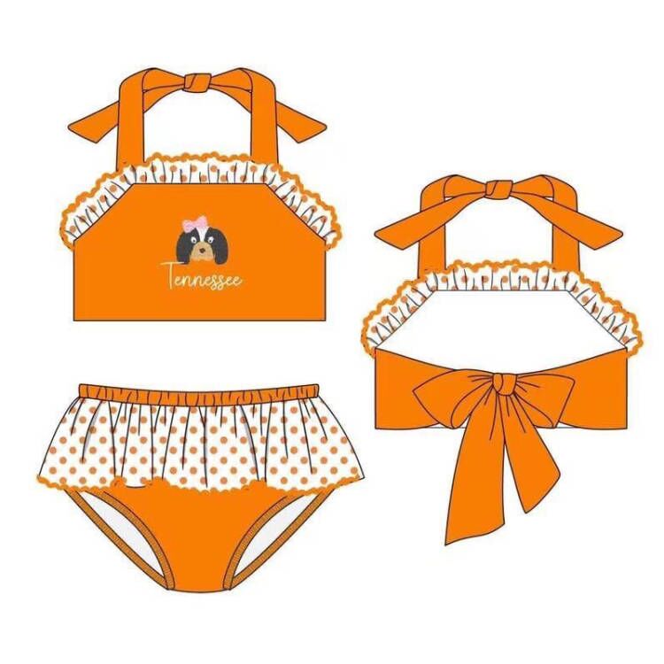 custom football dog orange 2pcs girls swimsuits