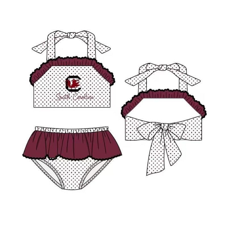 custom football maroon dog 2pcs girls swimsuits