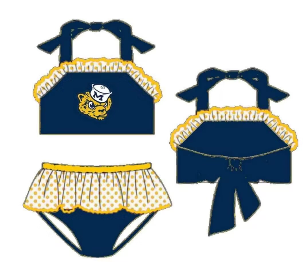 custom football tiger blue 2pcs girls swimsuits