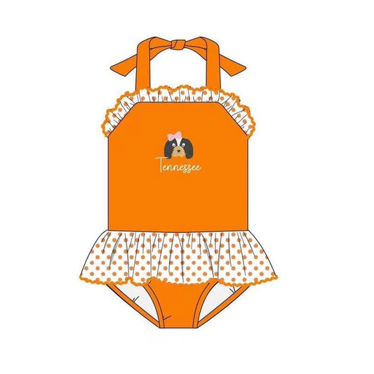 custom football dog orange girls bathing swimsuits