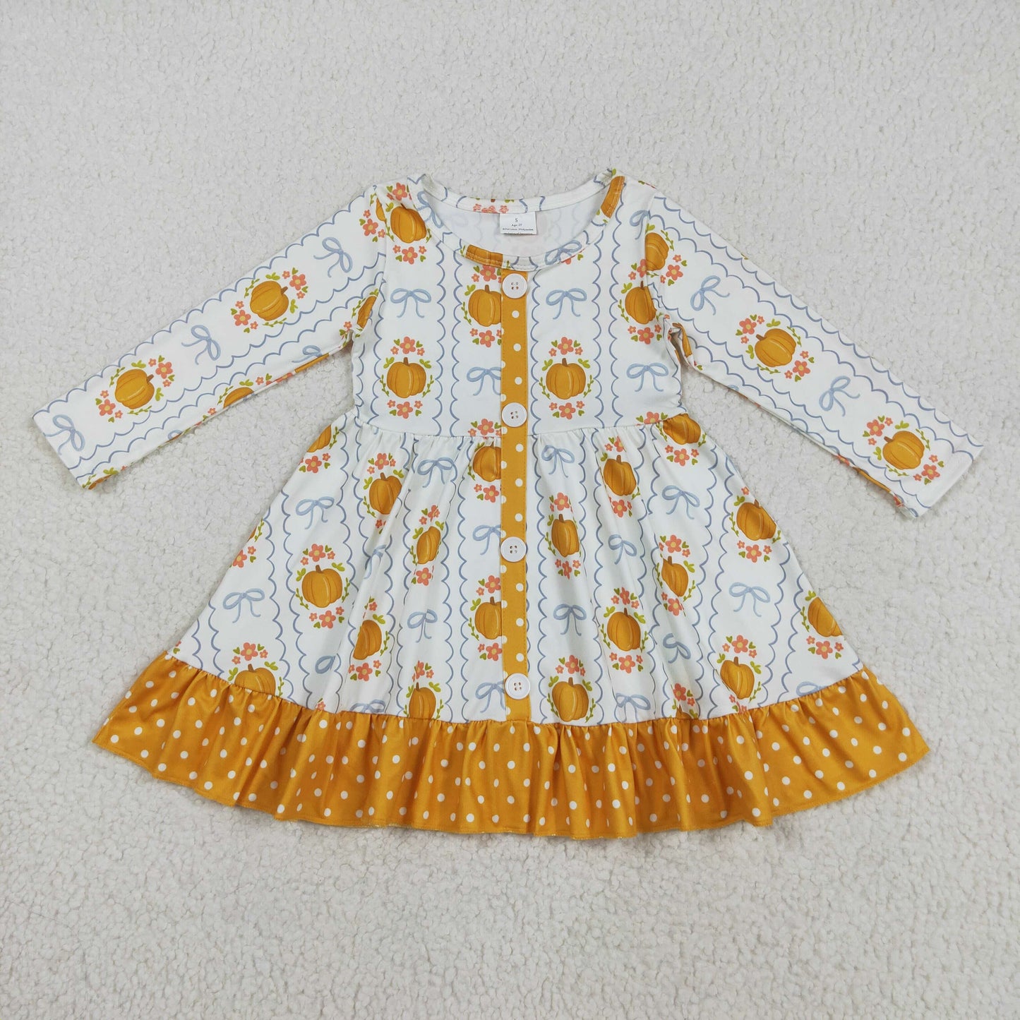 GLD1111 orange pumpkin flowers bows orange long sleeve girls dress