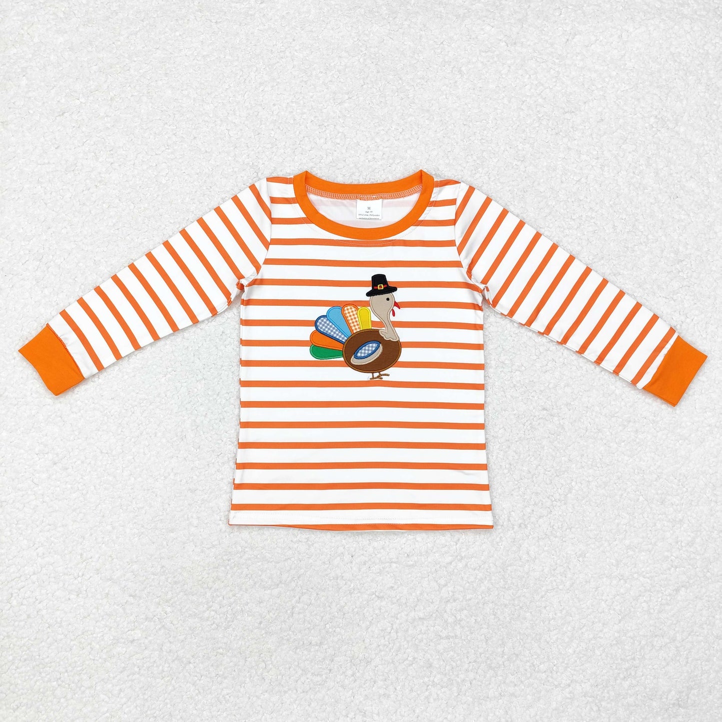 embroidery BT0816 Thanksgiving turkey orange striped long sleeve boys top