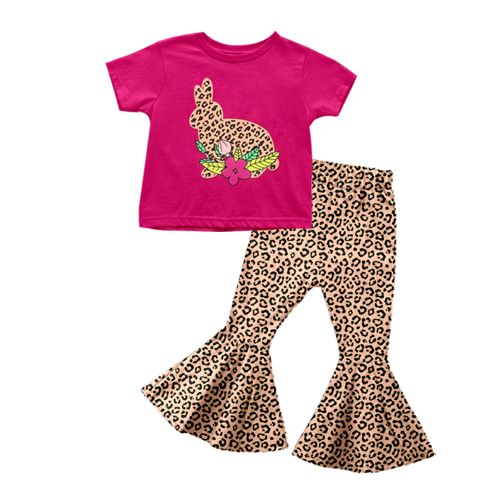 preorder GSPO1031 Easter leopard rabbit hot pink short sleeve leopard pants girls set