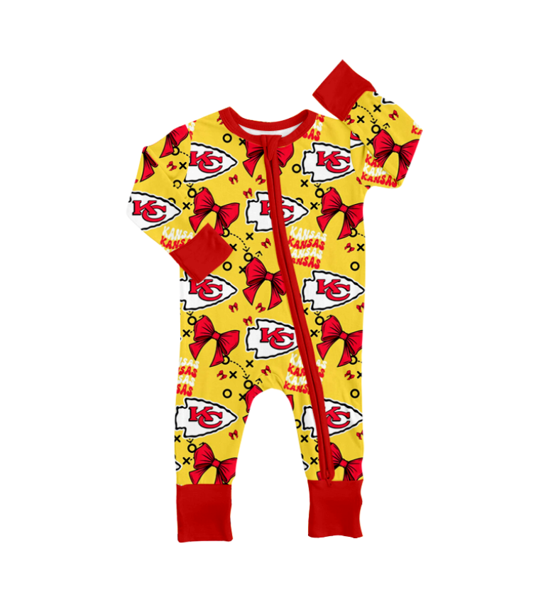 Custom Moq 3 Football Team KC Red Bows Yellow Long Sleeve Zipper Boys Romper