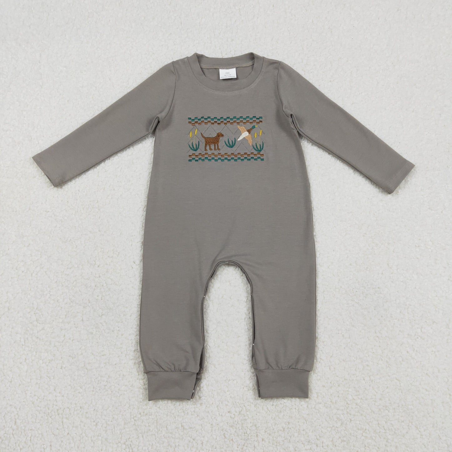 Embroidery LR2909 Hunting Mallard Duck Dog Long Sleeve Girls Romper