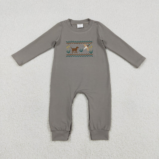Embroidery LR2909 Hunting Mallard Duck Dog Long Sleeve Girls Romper