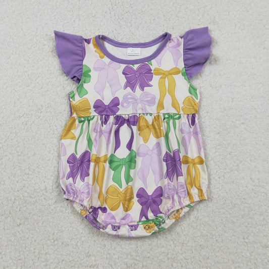 SR3546 Mardi Gras Bows Flutter Sleeve Girls Romper