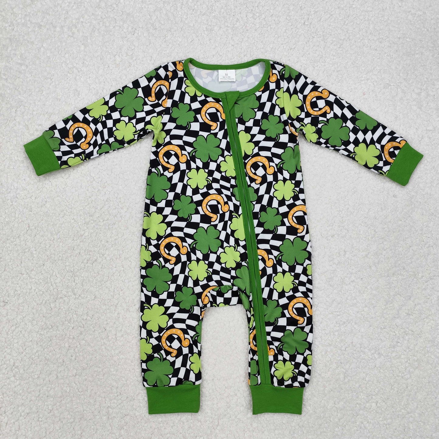 LR2090 St Patrick green clover black checkered long sleeve zipper boys romper