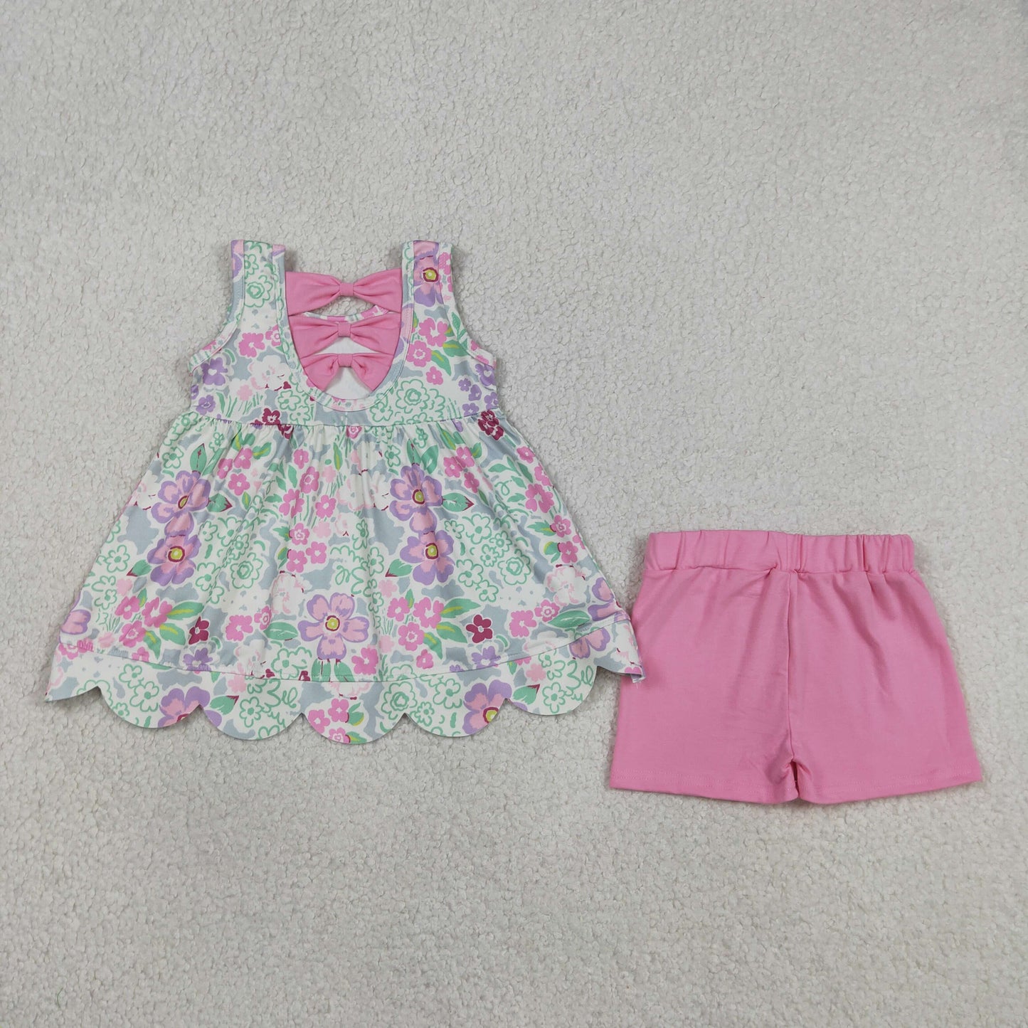 GSSO3385 Flowers Sleeveless Pink Shorts Girls Set