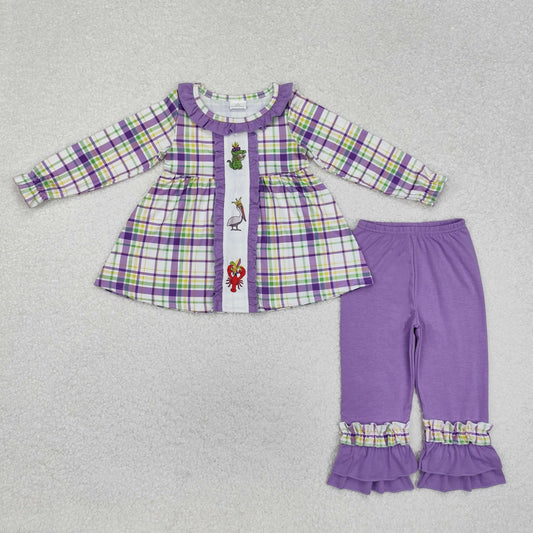 GLP2114 Mardi Gras cartoon crayfish cocrodile purple green checkered long sleeve purple pants girls set