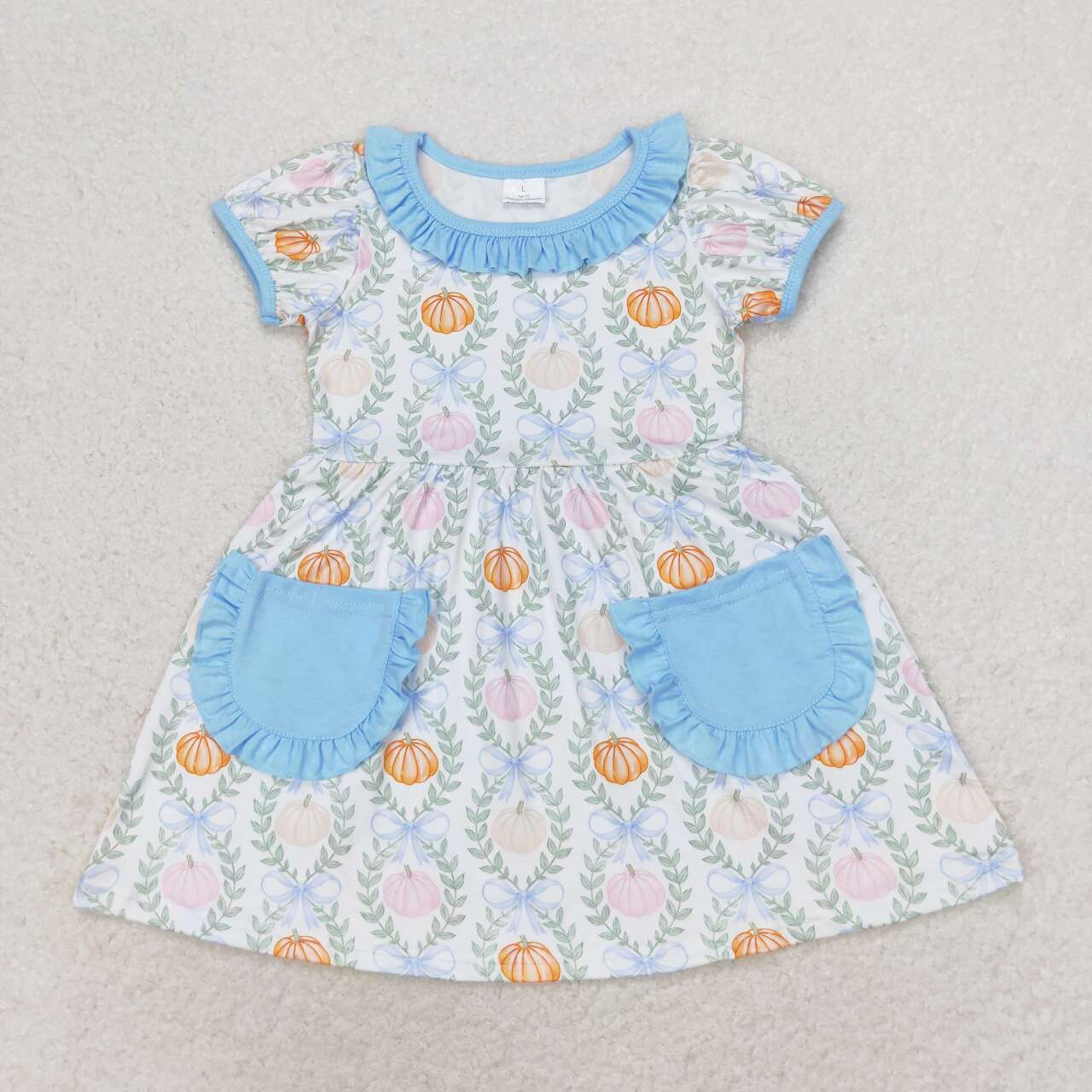 GSD1269 Autumn full pumpkin green pocket blue short sleeve girls dress
